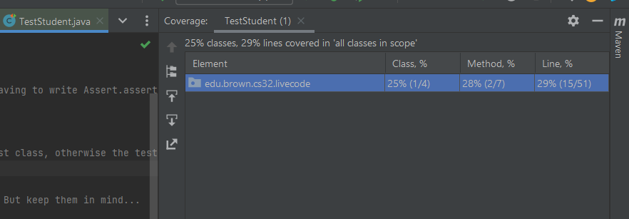 A new pane labeled "Coverage", showing class, method, and line coverage